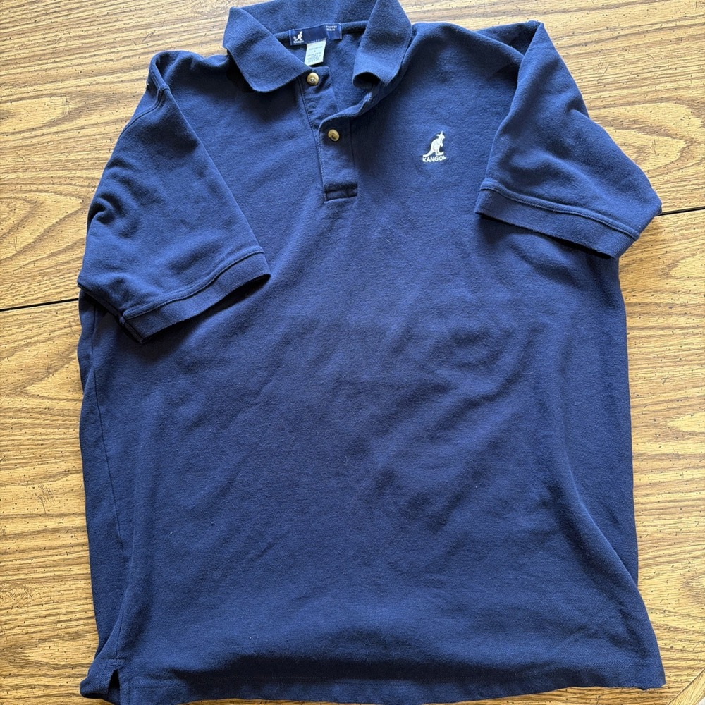 Kangol Mens L Navy Blue Polo Shirt Embroidered Kangaroo Logo Short Sleeve Cotton